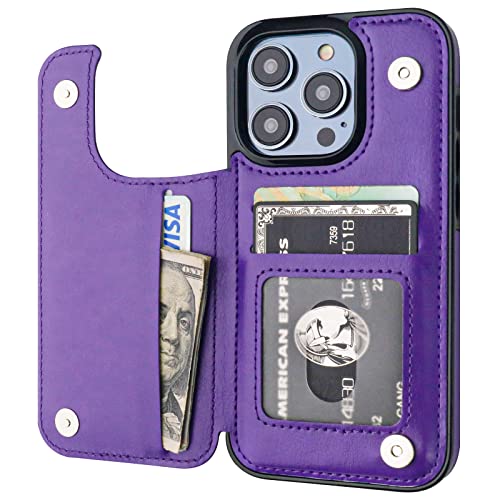 ONETOP for iPhone 14 Pro Wallet Case with Credit Card Holder,Purple | Kickstand,ID/Cash Holder,Case Wallet with Card Slots,Double Magnetic Clasp,Durable PU Leather Shockproof Cover for Women Men - color: Purple