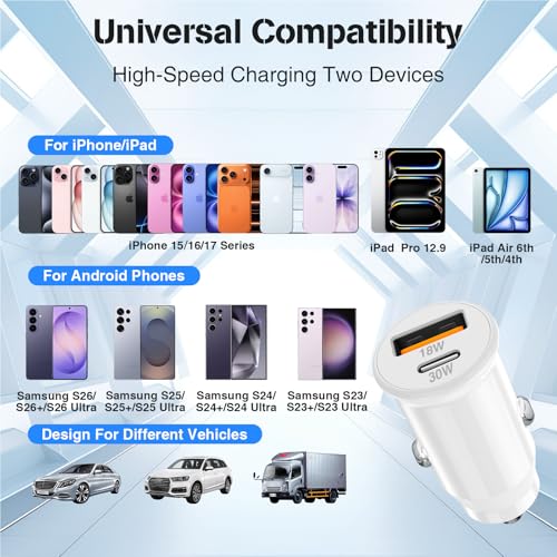 48W USB C Car Charger, Dual Port USB-C & USB-A Car Fast Charging Adapter - color: White, size: 3ft