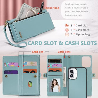 for iPhone 16 Wallet Case, Detachable Magnetic Shockproof Phone Case,Faux Leather Crossbody Wallet,with RFID Blocking，Zipper Card Holder，Shoulder Strap (Blue) - color: Blue, size: iPhone 16