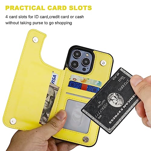 ONETOP for iPhone 14 Pro Max Wallet Case with Credit Card Holder,Yellow | Kickstand,ID/Cash Holder,Case Wallet with Card Slots,Double Magnetic Clasp,Durable PU Leather Shockproof Cover for Women Men - color: Yellow