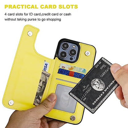 ONETOP for iPhone 14 Pro Max Wallet Case with Credit Card Holder,Yellow | Kickstand,ID/Cash Holder,Case Wallet with Card Slots,Double Magnetic Clasp,Durable PU Leather Shockproof Cover for Women Men - color: Yellow