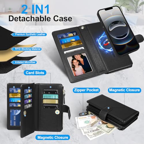 Magnetic Case for iPhone 16E Wallet Compatible with Magsafe RFID Blocking Card Holder Detachable Phone Cover Kickstand Snap Strap Zipper Pocket PU Leather (Black) - color: Black, size: iPhone 16e