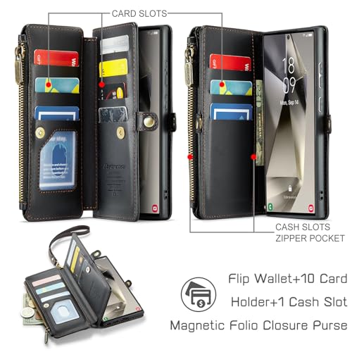 Defencase for Samsung Galaxy S24 Ultra Wallet Case with Card Holder, Black | Durable PU Leather, with RFID Blocking Zipper Pocket, Wrist Strap, S24 Ultra Flip Phone Cases Cover with Stand for Women Men - color: Black