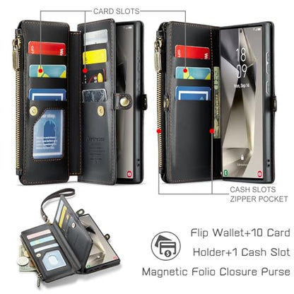 Defencase for Samsung Galaxy S24 Ultra Wallet Case with Card Holder, Black | Durable PU Leather, with RFID Blocking Zipper Pocket, Wrist Strap, S24 Ultra Flip Phone Cases Cover with Stand for Women Men - color: Black