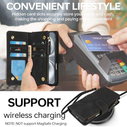 RANYOK Compatible with iPhone 16 Case Wallet - PU Leather Wallet Case for iPhone 16 with Credit Card Holder RFID Blocking Zipper Pocket with Wrist Strap Flip Folio Protective Case (Black) - color: Black, size: iPhone 16, 6.1"