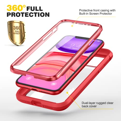 Diaclara Compatible with iPhone 11 Case, Full Body Rugged with Built-in Touch Sensitive Anti-Scratch Screen Protector, Soft TPU Bumper Case Clear Compatible with iPhone 11 6.1" (Red and Clear) - color: Red, size: iPhone 11