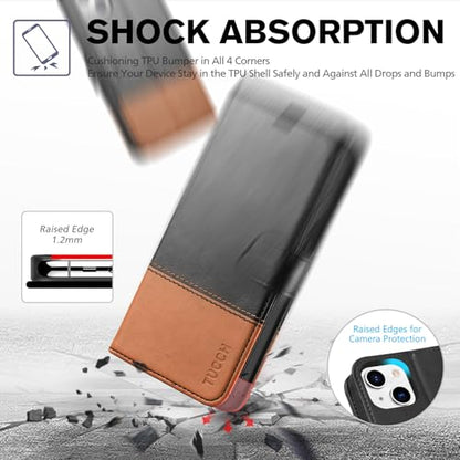 TUCCH Wallet Case for iPhone 13 (6.1") 2021, 3 Card Slots, Black & Brown | RFID Blocking, Viewing Stand, Shockproof TPU Shell, PU Leather, Magnetic Closure, Protective Folio Flip Cover - color: Black & Brown