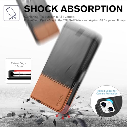 TUCCH Wallet Case for iPhone 13 (6.1") 2021, 3 Card Slots, Black & Brown | RFID Blocking, Viewing Stand, Shockproof TPU Shell, PU Leather, Magnetic Closure, Protective Folio Flip Cover - color: Black & Brown