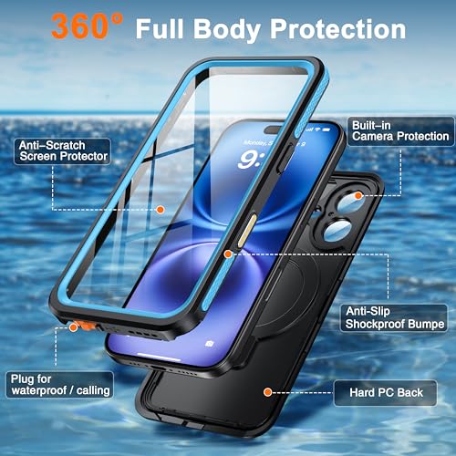 Oterkin Magnetic Stand for iPhone 16 Case Waterproof IP68, Blue - color: Blue, size: iPhone 16 6.1''