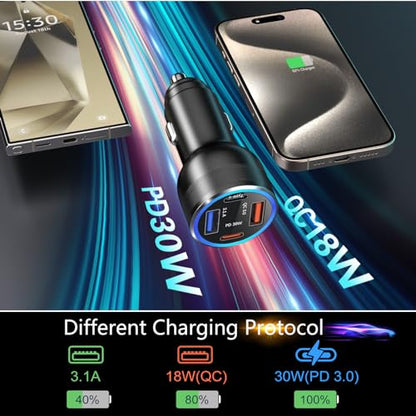 65W USB C Car Charger, 4 Port Fast Cigarette Lighter USB Charger Adapter - color: Black, size: 1-Pack