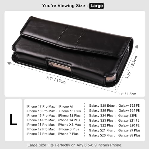 Phone Holster Compatible with iPhone 16/15/14/13/12 Pro Max and Plus, Galaxy S25/S24/S23/S22/S21/S20 Plus and FE, Leather Phone Pouch with Metal Belt Clip, L-Black - color: Black, size: Large