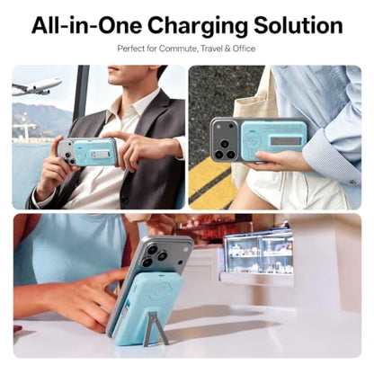 Q Magnetic Wireless Portable Charger 10,000mAh, Travel Essentials Power Bank with Built-in Cables & Foldable Stand, External Battery Pack Compatible with iPhone 17/16/15/14/13/12, Apple Watch - color: Blue