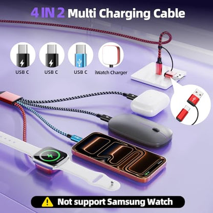 Travel Essentials Triple USB C 4in2 Multi Charging Cable for iWatch Charger - color: Red&Black&Sky Blue, size: AC to 2C+L+iWatch