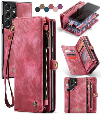 Compatible with Samsung Galaxy S23 Ultra Wallet Case,Zipper Folio Leather Case Wallet with Card Holder Strap Wristlet Detachable Magnetic Protective Back Case for Galaxy S23 Ultra 6.8" (Red) - color: Red, size: S23 Ultra 5G 6.8 Inch