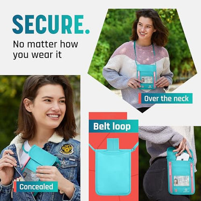 Neck Wallet, Travel Pouch For Passport Holder And Documents, Travel Neck Wallet For Traveling Women - color: Azure / Pink