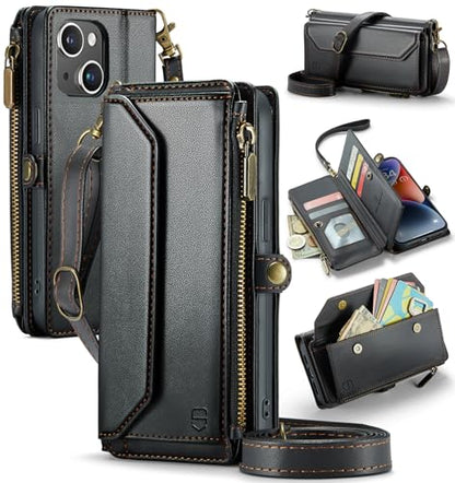 Strapurs Wallet Case Compatible with iPhone 14 RFID Blocking 7-Card Holder Soft PU Leather Magnetic Snap Shoulder Strap Zipper Pocket Phone Case Fit for iPhone 14 for Women 6.1" - Black | RFID Blocking 7-Card Holder, Shoulder Lanyard, Wirst Strap, Zipper