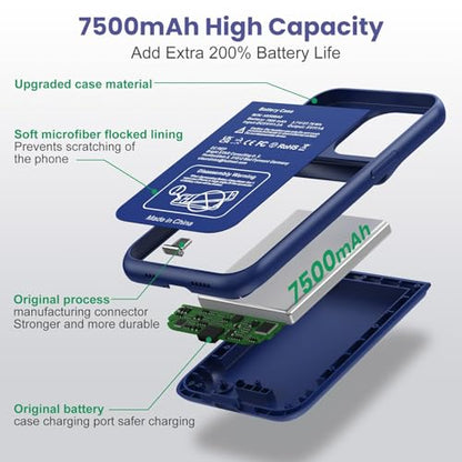 Feob Battery Case for iPhone 15 Pro, [2026 Upgraded] 7500mAh Slim Portable Smart Charging Case Rechargeable Protective Extended Charging Cover for iPhone 15 Pro-Blue - color: Blue