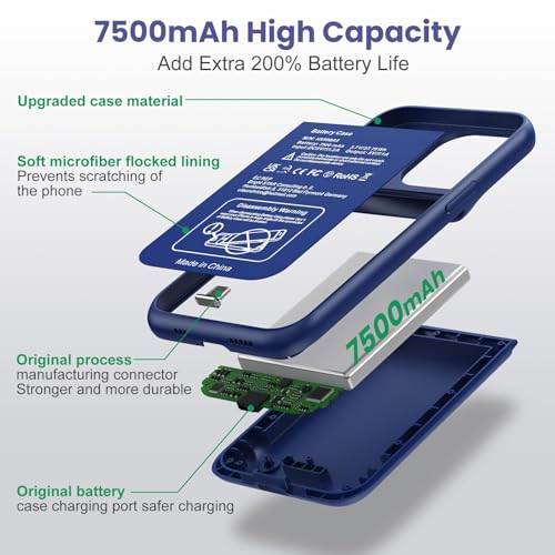 Feob Battery Case for iPhone 15 Pro, [2026 Upgraded] 7500mAh Slim Portable Smart Charging Case Rechargeable Protective Extended Charging Cover for iPhone 15 Pro-Blue - color: Blue