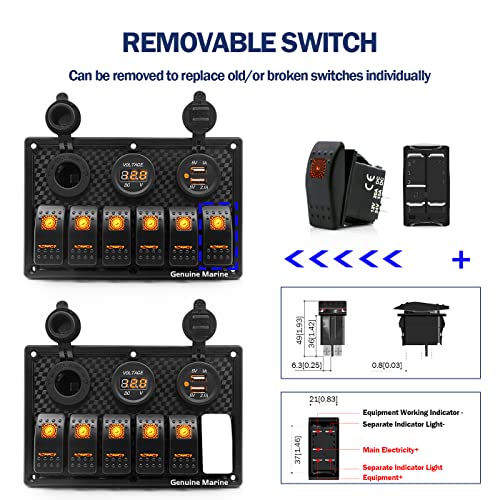 6 Gang Boat Rocker Switch Panel Marine 12V LED Illuminated Orange Rocker Switches, 12V Digital Voltmeter Display, 5V Dual USB Charger Socket for RV Car Tow Truck Vehicles Yacht Ship