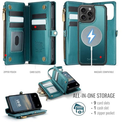 Defencase for iPhone 16 Pro Max Case Wallet Compatible with Magsafe, Green | Drop-Proof Magnetic Detachable Phone Cases Cover, with RFID Bolcking Card Holder, Zipper Strap, PU Leather, Removable Wallet - color: (Detachable with Magsafe)-Blue Green