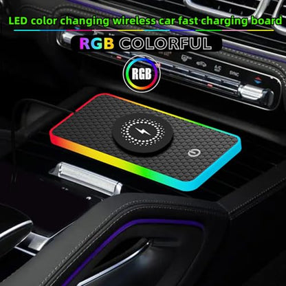 Car Wireless Charger Pad, 15W Fast Charging, RGB LED Atmosphere Light, Anti-Slip, Universal Qi Compatible with iPhone and Wireless Charging Phones, Black(USB-C) (USB-A) (USB Type C)