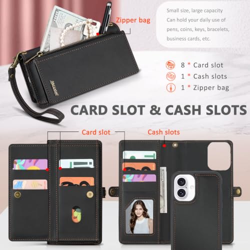 for iPhone 16 Plus Wallet Case, Detachable Magnetic Shockproof Phone Case,Faux Leather Crossbody Wallet,with RFID Blocking，Zipper Card Holder，Shoulder Strap (Black) - color: Black, size: iPhone 16 Plus