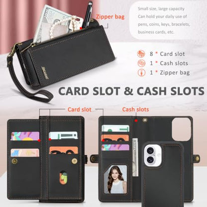 for iPhone 16 Plus Wallet Case, Detachable Magnetic Shockproof Phone Case,Faux Leather Crossbody Wallet,with RFID Blocking，Zipper Card Holder，Shoulder Strap (Black) - color: Black, size: iPhone 16 Plus