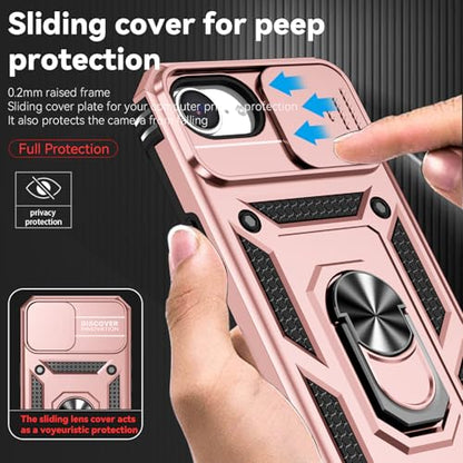 for iPhone 17E / iPhone 16E Case, with Camera Lens Cover HD Screen Protector, Dual Layer Military-Grade Drop Tested Magnetic Ring Holder Kickstand Protective Phone Case for iPhone 16E /17E (Rose Gold) - color: Rose Gold with camera cover Military-Grade 2n