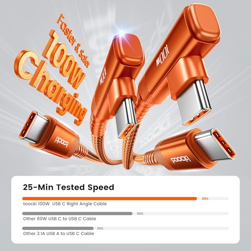 toocki 100W Right Angle Fast Charging USB C Cable, 2Pack, 6.6FT - color: Orange, size: 6.6+6.6FT