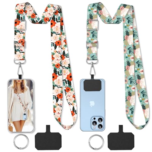 2 Pack Phone Lanyard Cell Phone Lanyard Crossbody Adjustable Phone Strap for Use Around the Neck Cell Phone Lanyard - color: Orange and Green Flowers