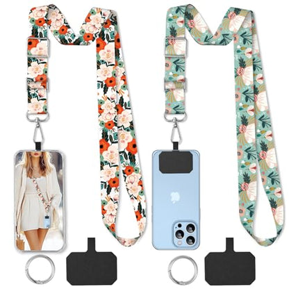 2 Pack Phone Lanyard Cell Phone Lanyard Crossbody Adjustable Phone Strap for Use Around the Neck Cell Phone Lanyard - color: Orange and Green Flowers