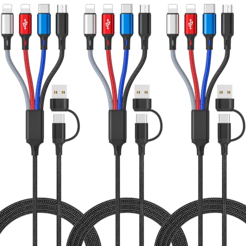 6 in 1 Multi Charging Cable, USBA/C Universal Multiple Charger Cords, 3Pack