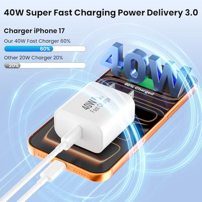 iPhone 17 Pro Max Charger Fast Charging, 40W USB C Super Fast Charger - color: White, Single USB-C port, size: 10ft