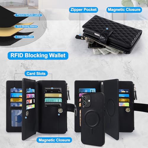 Harryshell 2 in 1 for iPhone 17 6.3 inch Wallet Case Magnetic Compatible with Magsafe RFID Blocking Card Holder Detachable Phone Cover Zipper Purse Kickstand Wrist Strap Men WomenQuilted Black - color: Quilted Black, size: iPhone 17