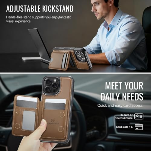 WJX for iPhone 16 Pro MagSafe Wallet Case, 2-in-1 Detachable Luxury Card Holder, Universal MagSafe Compatible, RFID Blocking, Shockproof Kickstand Slim Cover， Brown - color: Brown, size: iPone 16 Pro