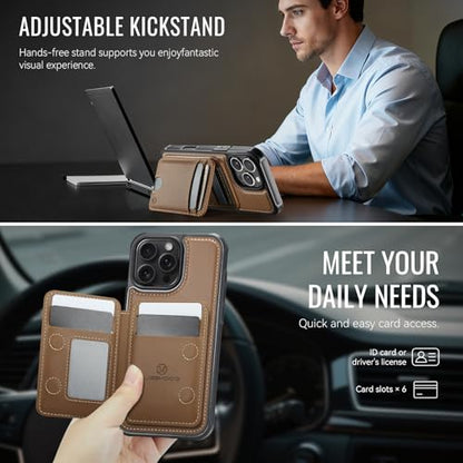 WJX for iPhone 16 Pro MagSafe Wallet Case, 2-in-1 Detachable Luxury Card Holder, Universal MagSafe Compatible, RFID Blocking, Shockproof Kickstand Slim Cover， Brown - color: Brown, size: iPone 16 Pro
