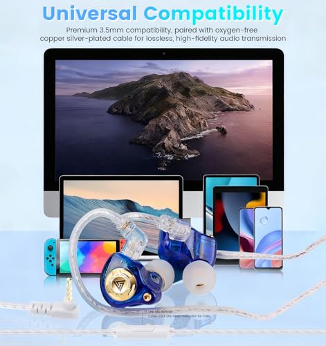 Wired Gaming Earbuds with Mic, 11mm Dynamic Driver HiFi in Ear Monitors, 3-Way Adjustable Tuning Switch Detachable Cable IEM Earphones, Deep Bass Noise Isolating Headphones for Musician Game PC Laptop - color: Blue