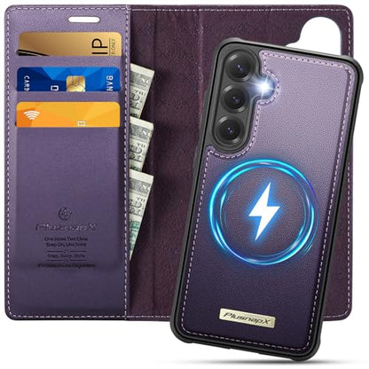 for Samsung Galaxy S25 5G 2in1 Detachable Wallet Case, Purple | Compatible with Magsafe, Magnetic, RFID Blocking Card Holder, Shockproof, Kickstand, Wireless Charging, PU Leather Flip Cover - color: Fashion Purple, size: Galaxy S25 - 6.2"