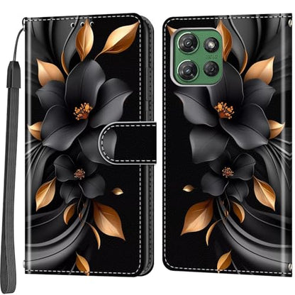 Case Wallet for Motorola Moto G Power 2025/2026, Black Flower | Kickstand, 3 Card Holder, Shockproof TPU Interior Shell, PU Leather, Magnetic Flip Cover, Lanyard Strap - color: Pic:04