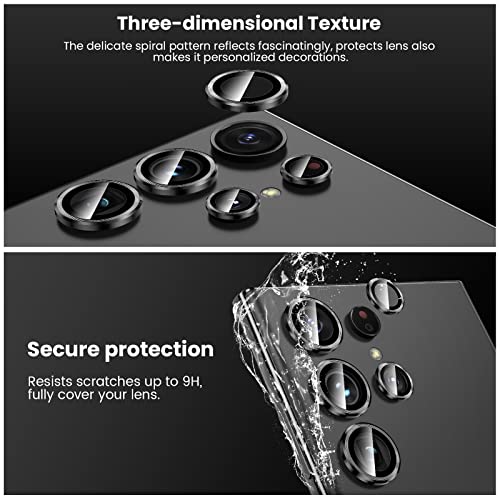 Tensea [3+2PCS for Samsung Galaxy S23 Ultra 5G Camera Lens Protector, 9H Tempered Glass Camera Cover Screen Protector Metal Individual Ring [Installation Tray][Removal tool][Case Friendly]- Black
