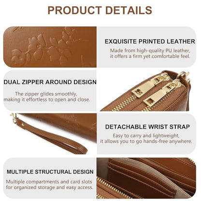 yiijay Womens Wallet RFID Blocking Large Capacity Vegan Leather Double Zip Wristlet Wallet Card Holder Travel Ladies Clutch - color: Brown