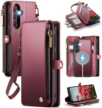 Defencase for Galaxy S25 Plus Case Wallet Compatible with Magsafe, Wine Red | Magnetic Detachable, RFID Bolcking Card Holder, Zipper Strap, PU Leather Drop-Proof Phone Cover for Samsung Galaxy S25+/Plus - color: (Detachable with Magsafe)-Wine Red