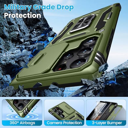 for Samsung Galaxy S22 Ultra Case with 2 PCS HD Screen Protector, Military Grade Protection Metal 360 ° Rotating Ring Kickstand Slide Camera Cover, Shockproof for Galaxy S22 Ultra Case, Olive Green | 2 PCS HD Screen Protector, Magnetic Metal 360 ° Rotatin
