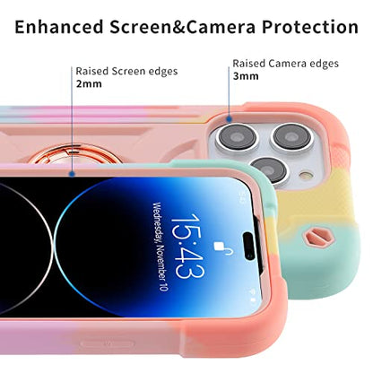 MARKILL Compatible with iPhone 14 Pro Case 6.1 Inch with Built-in Ring Stand, Military Grade Drop Protection Full Body Rugged Heavy Duty Case 3 in 1 Protective Durable Cover - color: Rainbow Pink, size: iPhone 14 Pro 6.1"