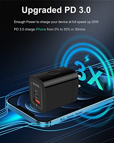 3Pack Dual Port USB-C Wall Plug-in USBC Charger, AILKIN 20W Power Delivery - color: Black