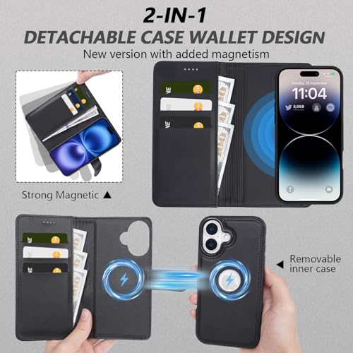 2 in 1 PU Leather for iPhone 17 Case, Detachable Wallet Case with Card Holder, Removable Flip Folio Cover with RFID Blocking, Stand Shockproof Phone Cover（Compatible with MagSafe） Black - color: Black, size: Iphone 17