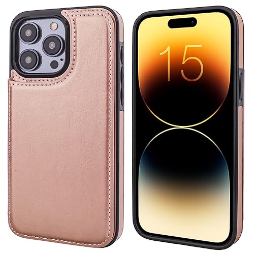 ONETOP for iPhone 15 Pro Max Wallet Case with Credit Card Holder,Rosegold | Kickstand,ID/Cash Holder,Case Wallet with Card Slots,Double Magnetic Clasp,Durable PU Leather Shockproof Cover for Women Men - color: Rose Gold