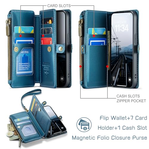 Defencase for iPhone 14 Wallet Case with RFID Blocking Card Holder, Blue | Durable Soft PU Leather, with Zipper Pocket, Wrist Strap, Fashion Snap Flip Phone Cases Cover with Stand for Women and Men - color: Dark Blue