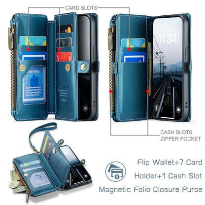 Defencase for iPhone 15 Wallet Case with RFID Blocking Card Holder, Blue | Durable Soft PU Leather, with Zipper Pocket, Wrist Strap, Fashion Snap Flip Phone Cases Cover with Stand for Women and Men - color: Lake Blue