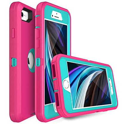 MXX Case Designed for iPhone SE Case 2020 /SE 2022 Heavy Duty Protective with Screen Protector [3 Layers] Rugged Rubber Protection Cover & Rotating 360 Degree Belt Clip SE 3rd/2nd Gen(Pink/Light Blue) - color: Pink/Light Blue